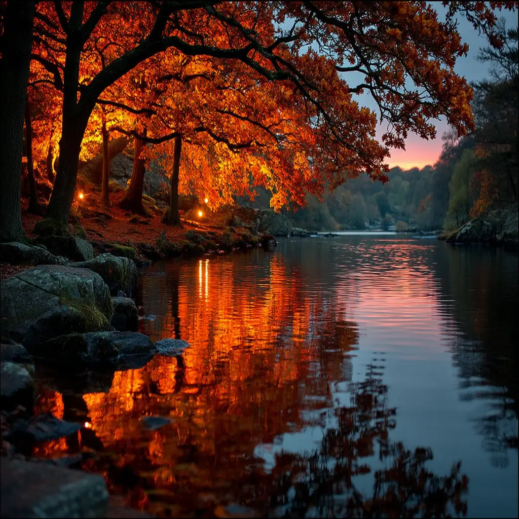 秋日森林河流，靜水倒映如火紅葉