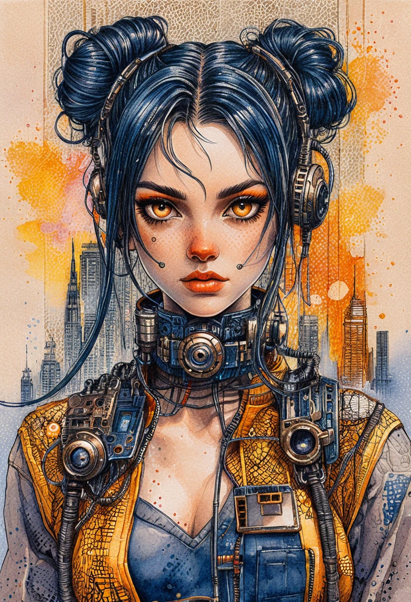 Retrato de garota cyberpunk em estilo de quadrinhos com tinta e lápis