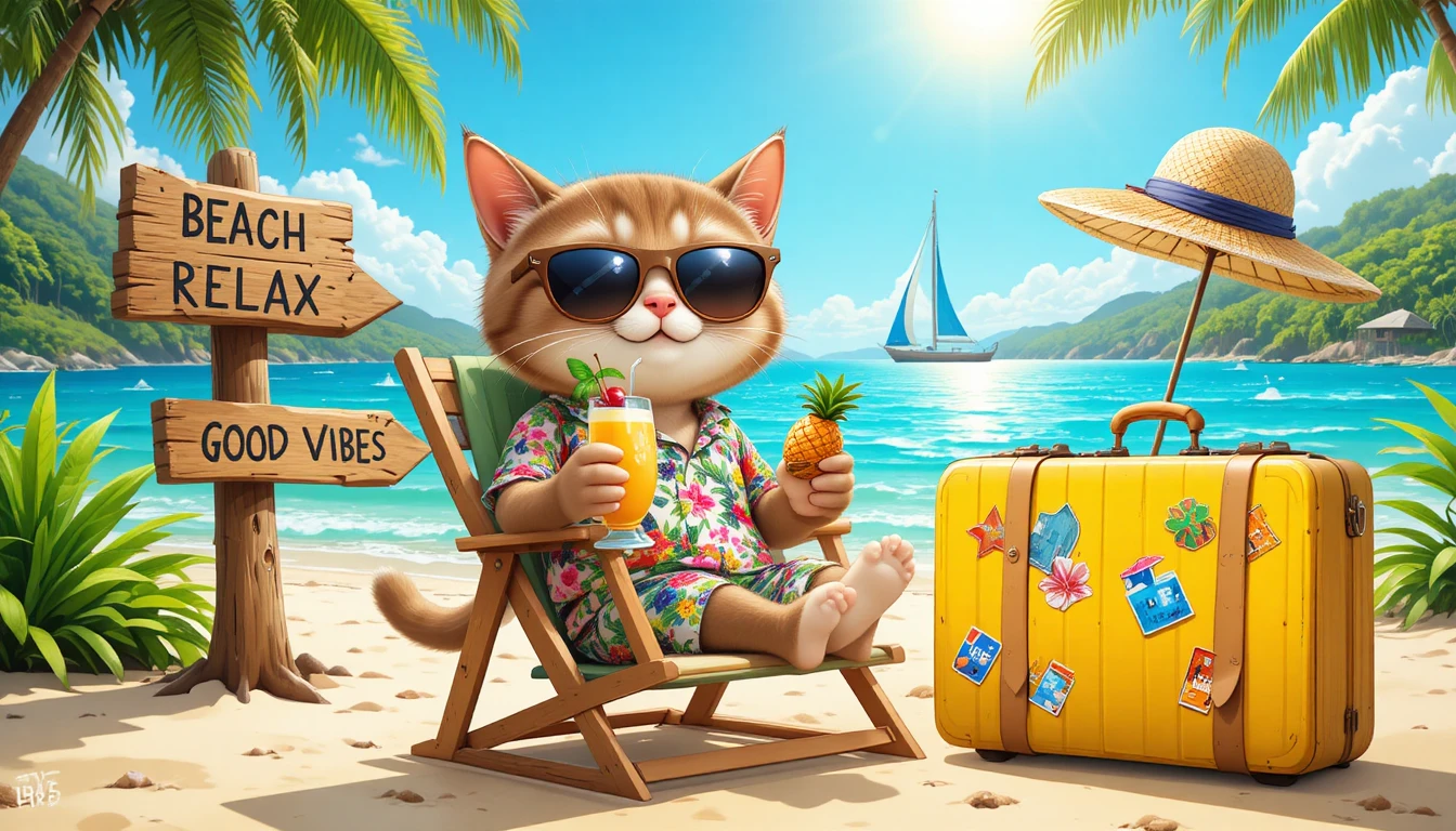 Gato tigrado estiloso relaxando em uma cadeira de praia tropical