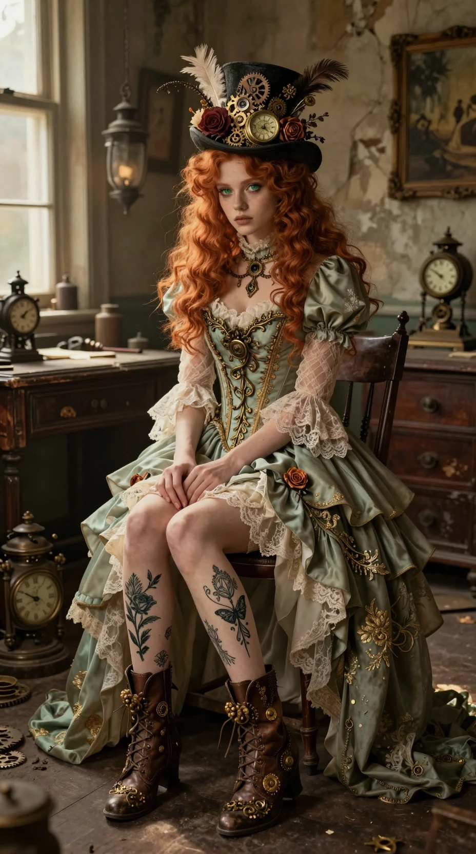 Mulher ruiva em vestido steampunk em oficina vitoriana