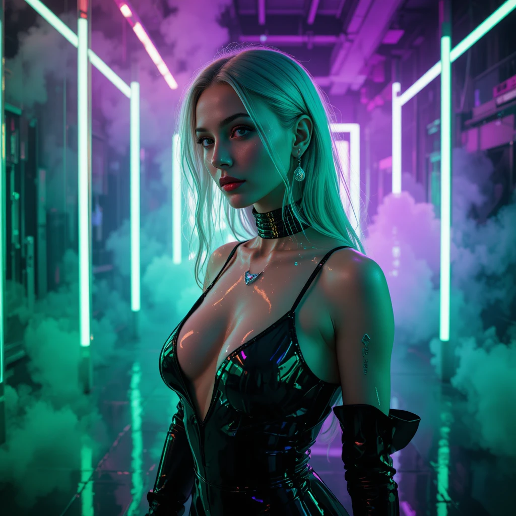 Ritratto di moda cyberpunk di una femme fatale illuminata al neon