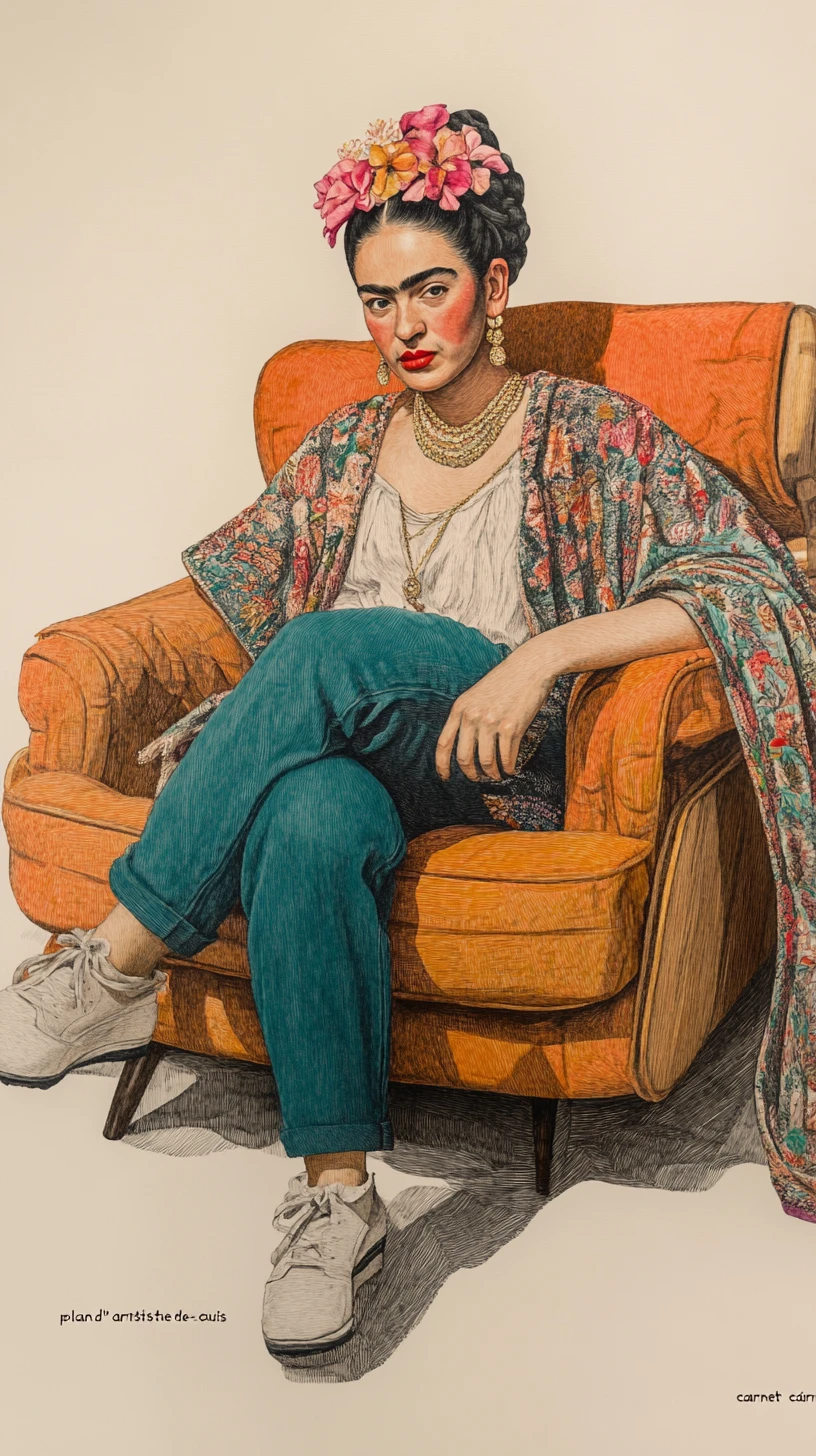Mujer inspirada en Frida en boceto a tinta sentada en sillón lounge
