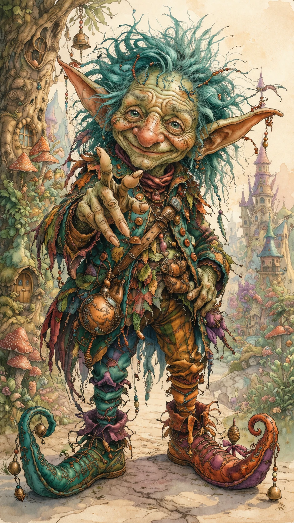 Bizzarra creatura del bosco simile a un elfo in un mondo fantasy fiabesco