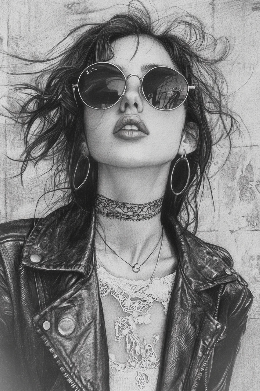 Ritratto a matita di una ragazza con occhiali da sole rotondi e choker