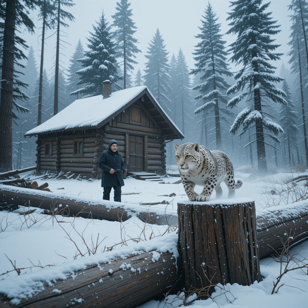 Leopardo de las nieves corre hacia un leñador en un claro nevado del bosque