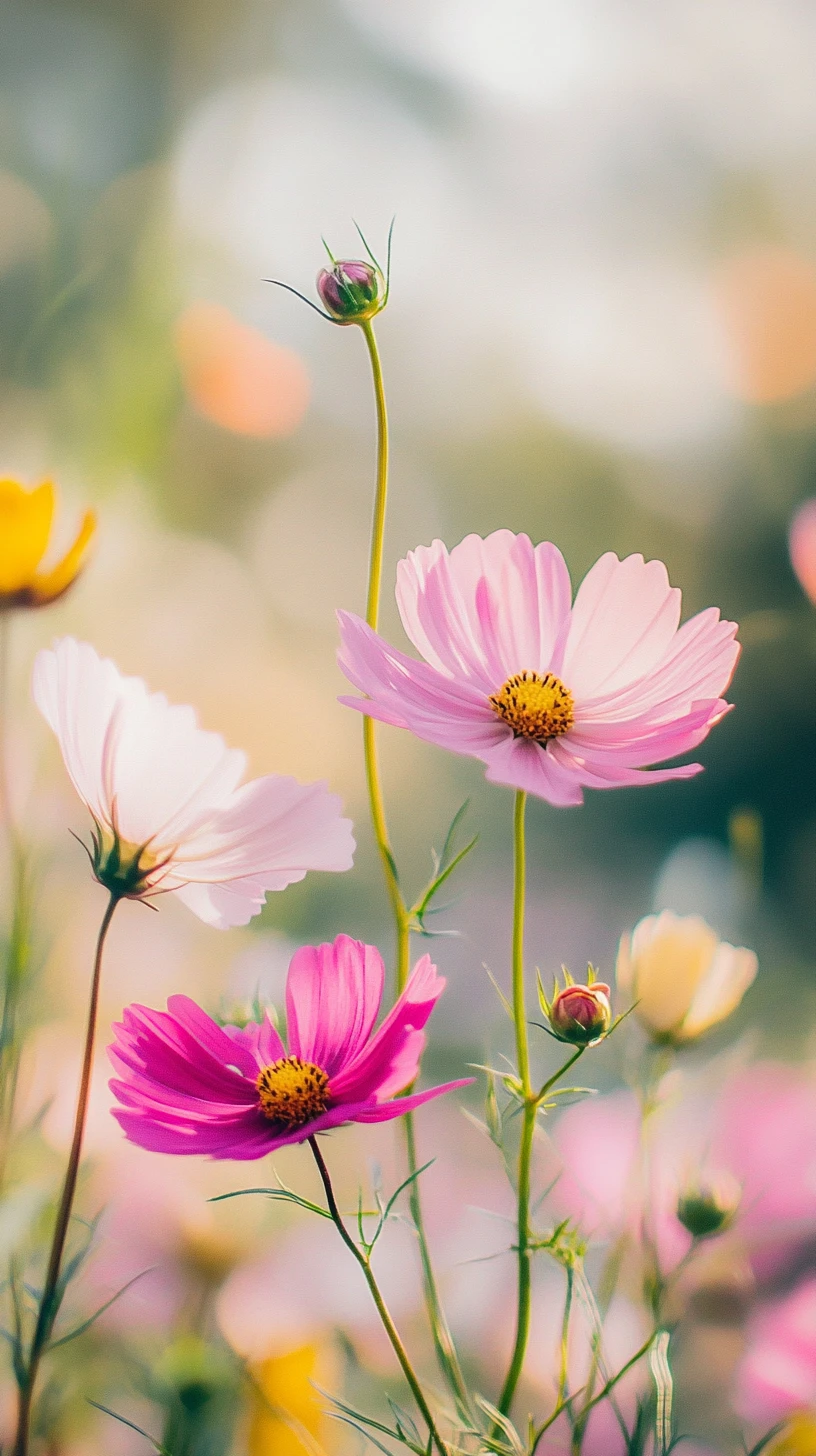 Close-up de flores de cosmos cor-de-rosa em um campo dos sonhos