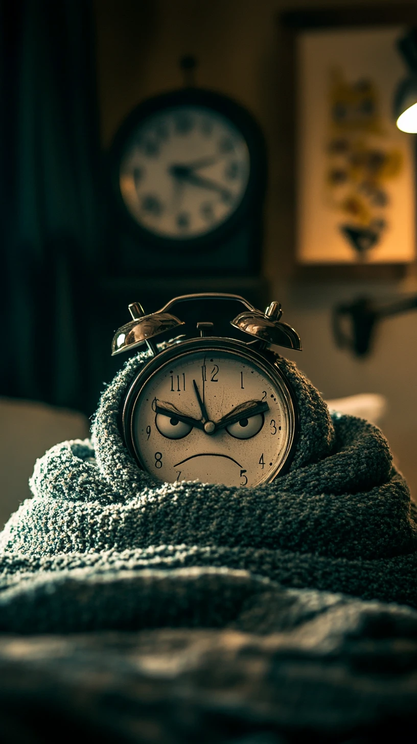 Grumpy alarm clock wrapped in a blanket in bedroom