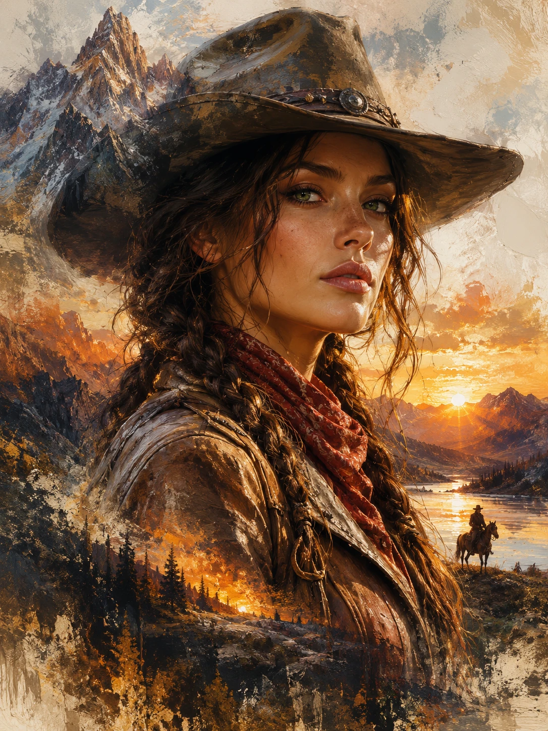 Cowgirl-Porträt vor leuchtender Berglandschaft bei Sonnenuntergang