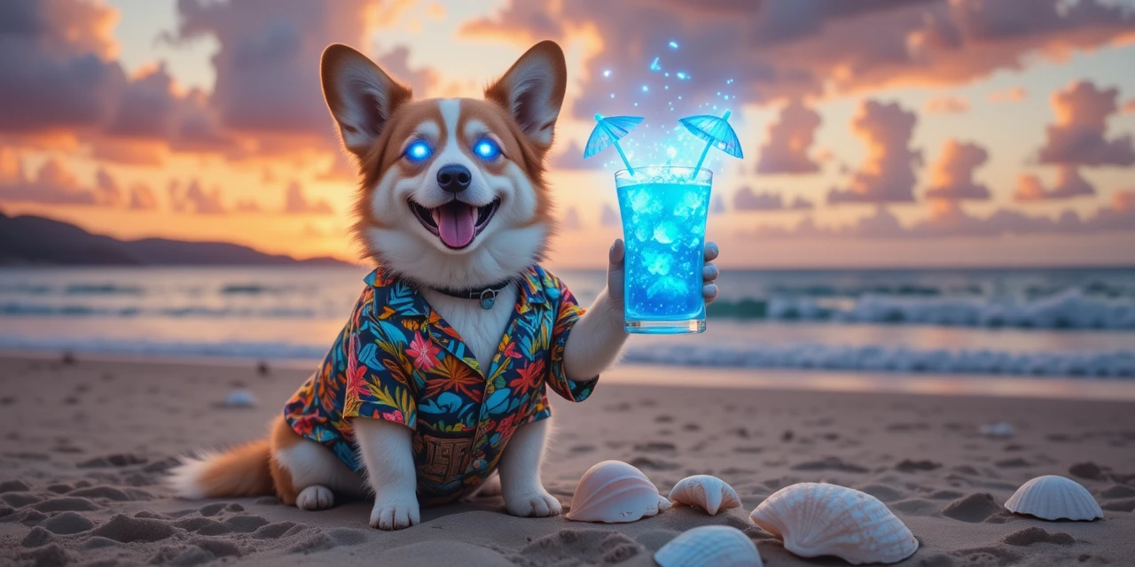 Corgi de camisa havaiana relaxando com drink Tiki na praia