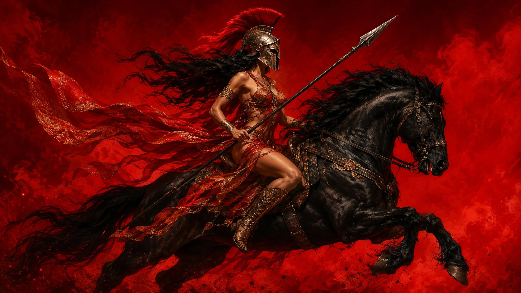 Female warrior on black horse against vivid red sky