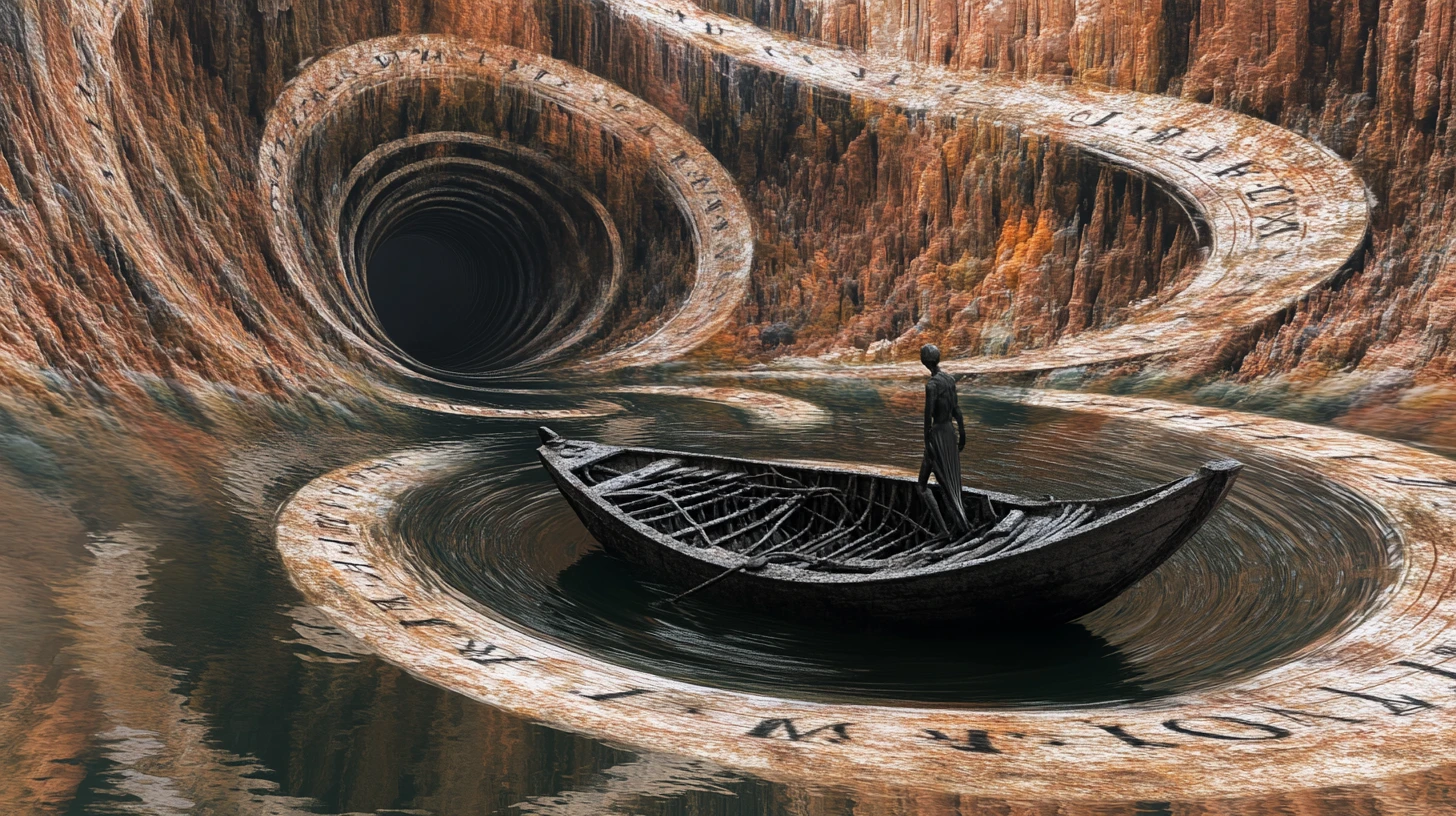 Barco esquelético surreal navegando em um rio espiralado