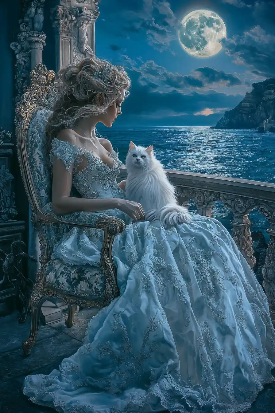 Elegante Frau mit Katze auf einem mediterranen Balkon bei Nacht
