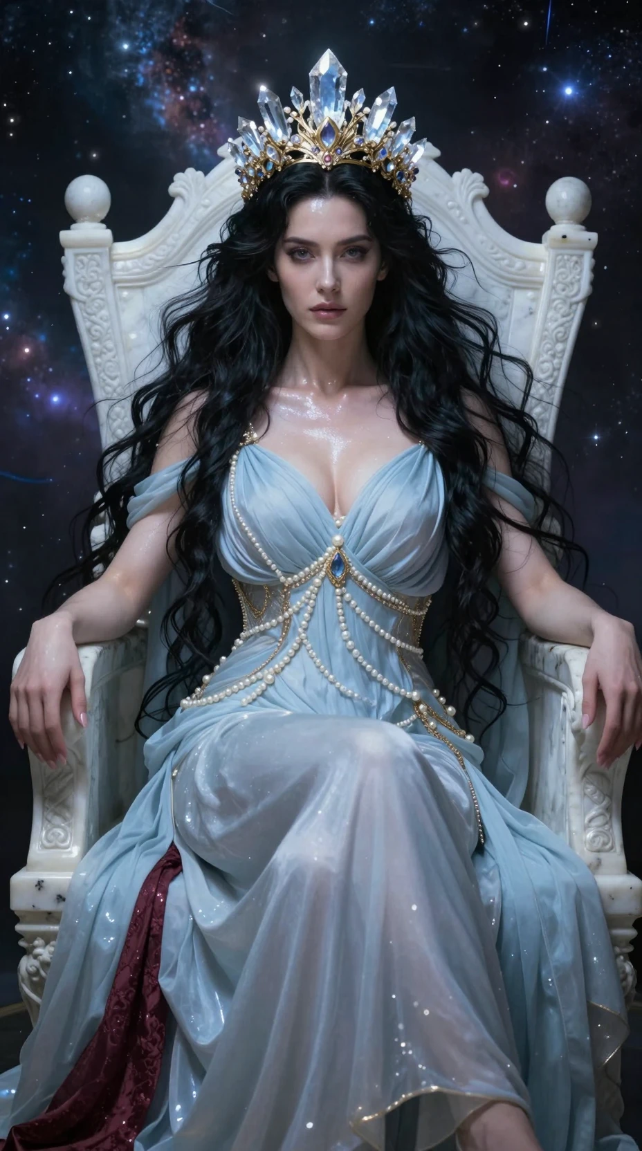 Rainha de cabelos escuros em um trono de mármore