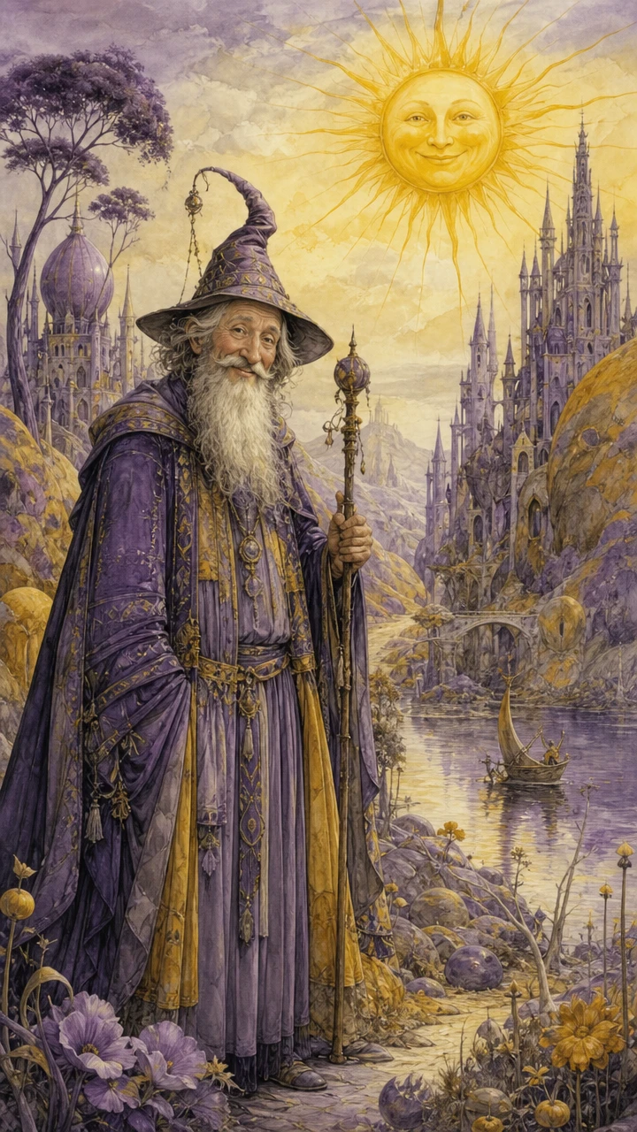 Homme de fantaisie insolite dans un monde violet et jaune chaleureux