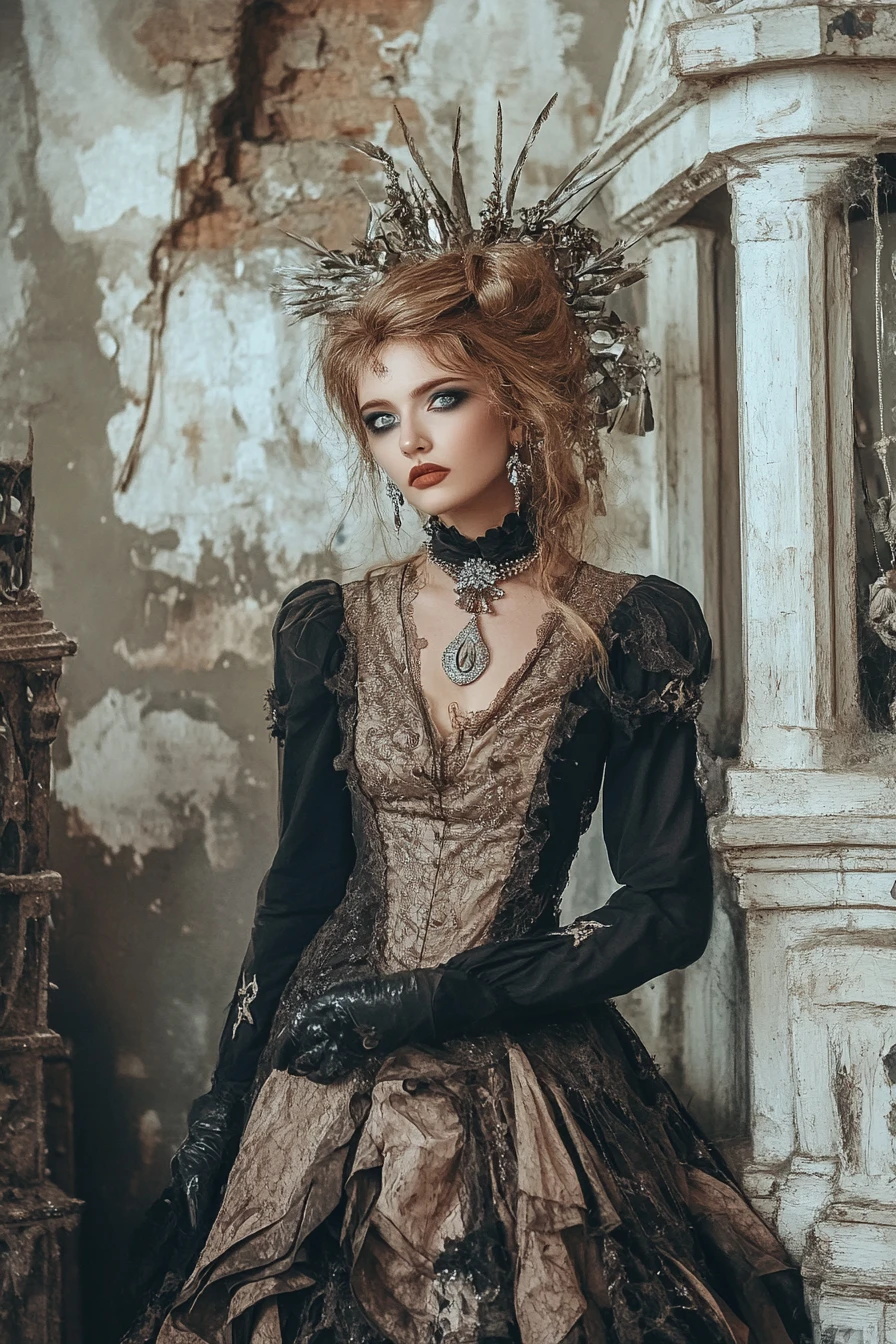 Mysterious woman in long dress before worn brick archway