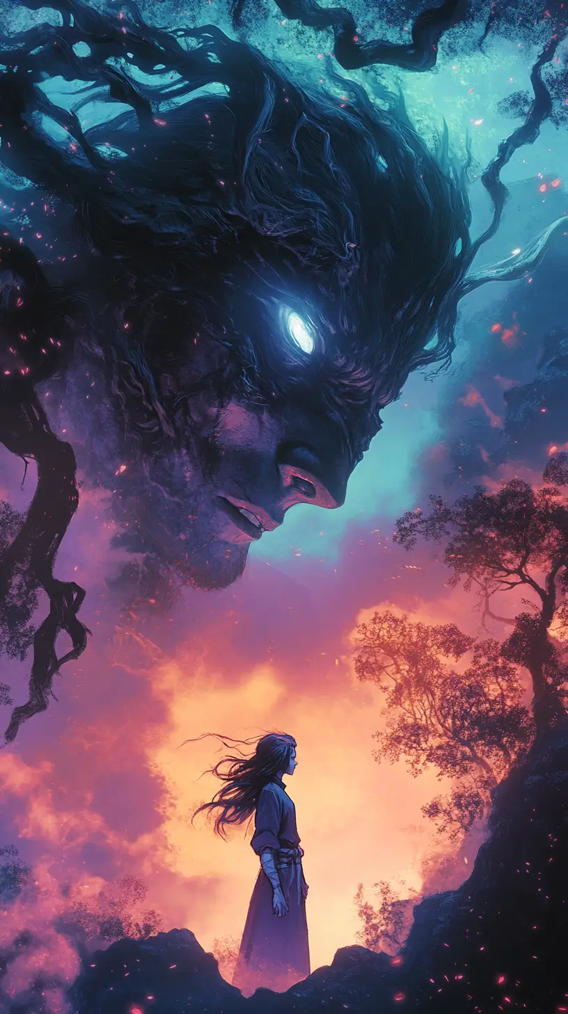 Young girl facing sorceress in a dark mystical forest