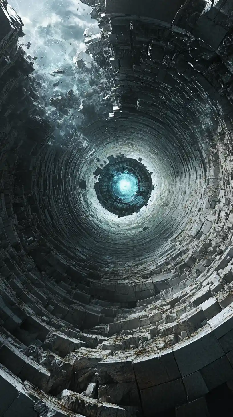 Layered stone circles with blue crystal in abstract space