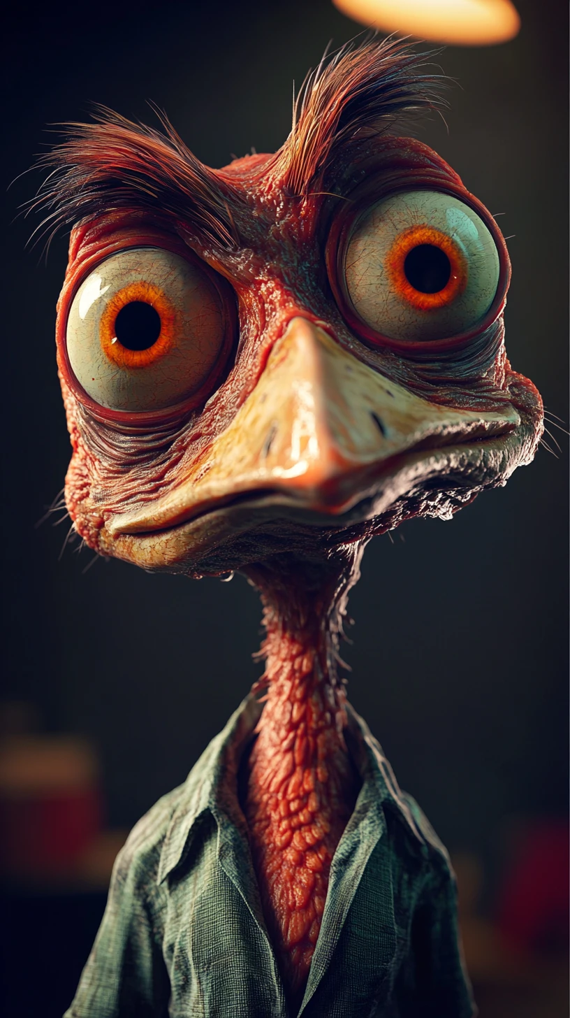Personagem antropomórfico com expressão presunçosa em holofote 3D cinematográfico