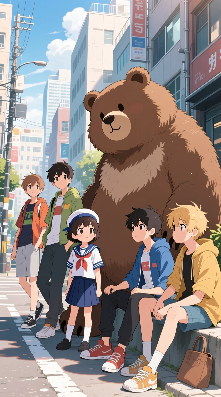 Niños de anime y bestia relajándose juntos en una calle de la ciudad