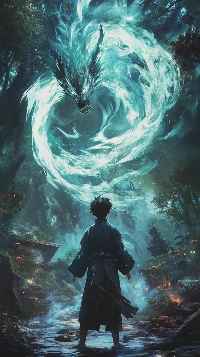 暗黑魔法森林中對峙女巫的動漫少年