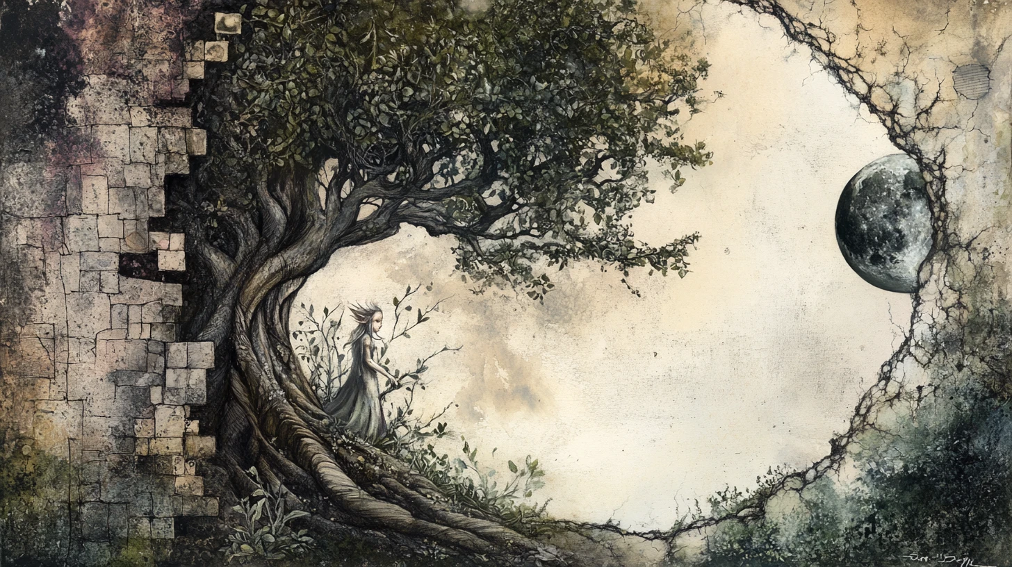 Elfo accanto a un albero antico in un mondo onirico e surreale