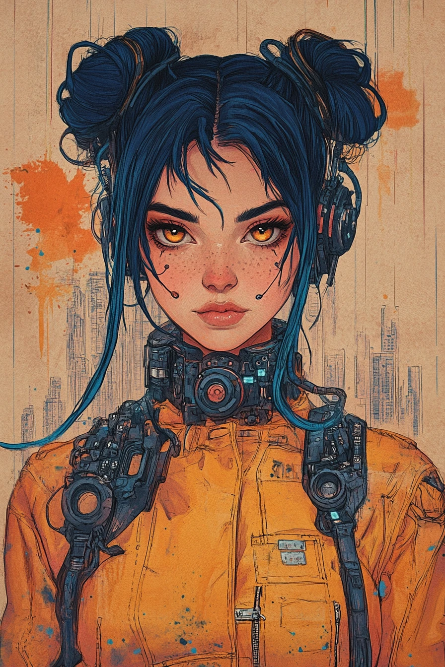 Ritratto di donna cyberpunk in stile fumetto a inchiostro e matita