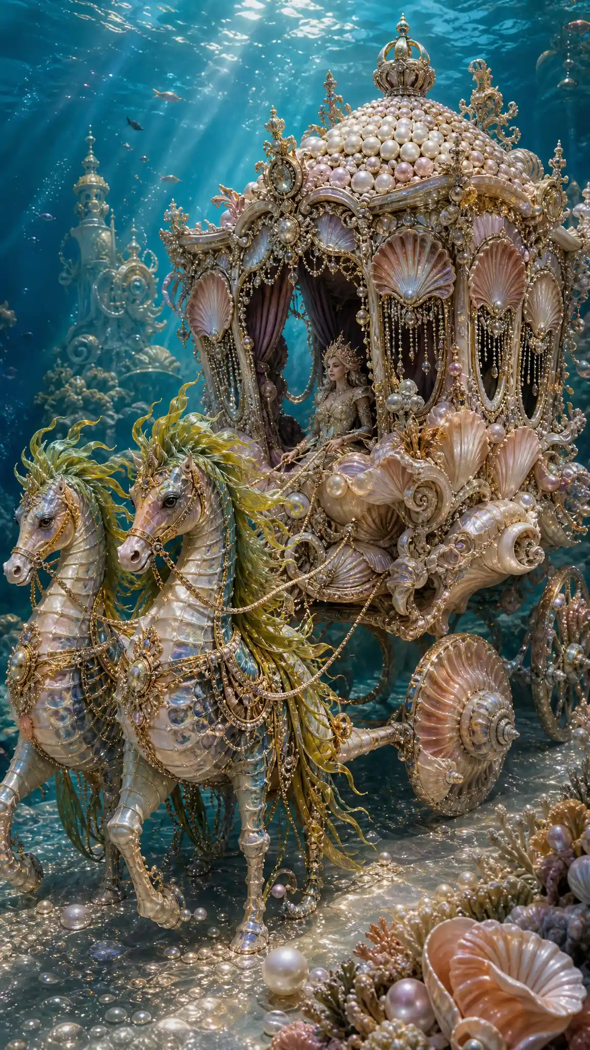 Royal seashell carriage pulled by seahorses underwater