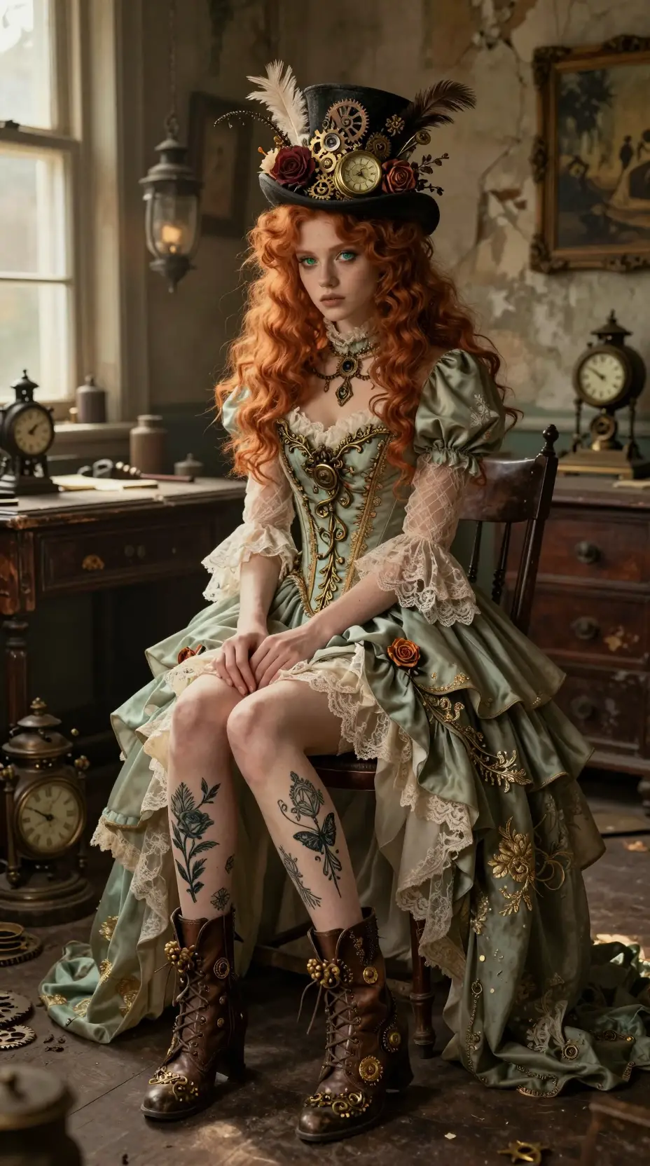 Mulher ruiva em vestido steampunk em oficina vitoriana