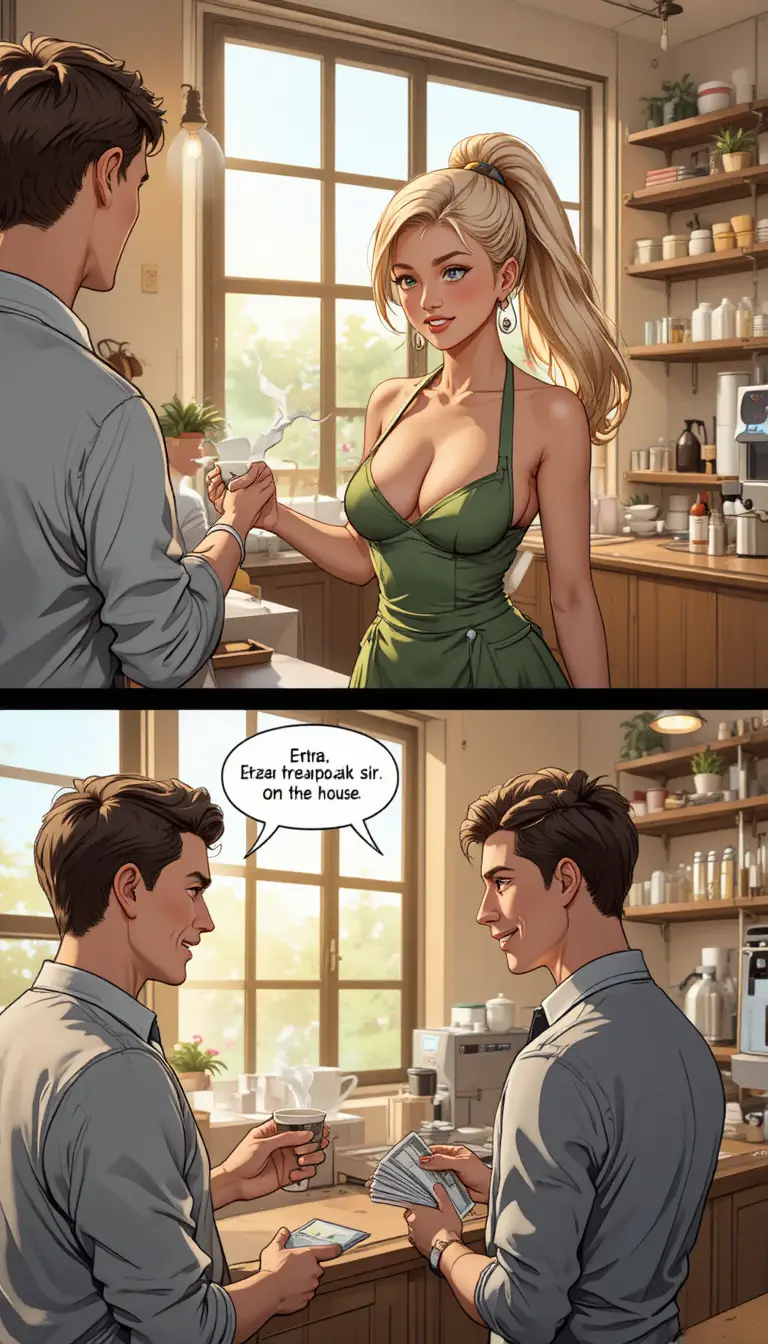 Kurvige blonde Barista serviert Kaffee in einem hellen Café