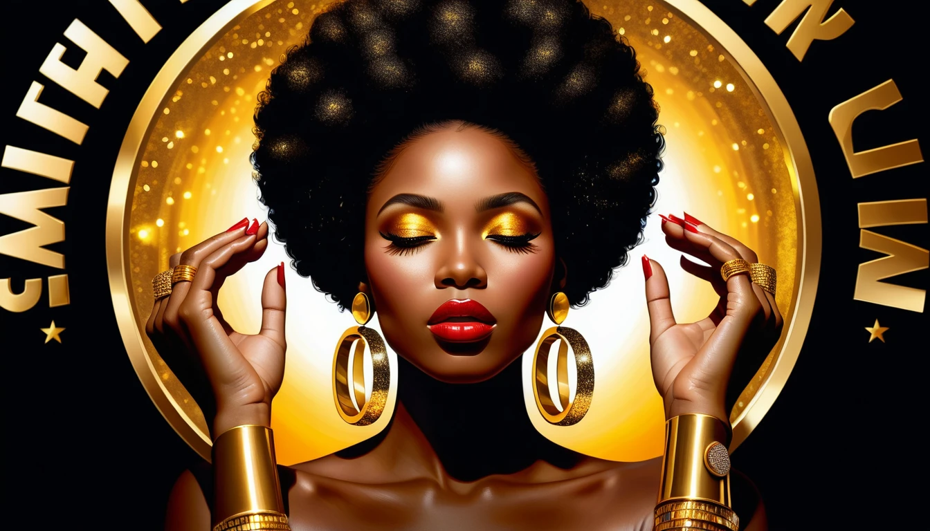 金色に輝くアフロヘアの黒人女性の幻想的なポートレート