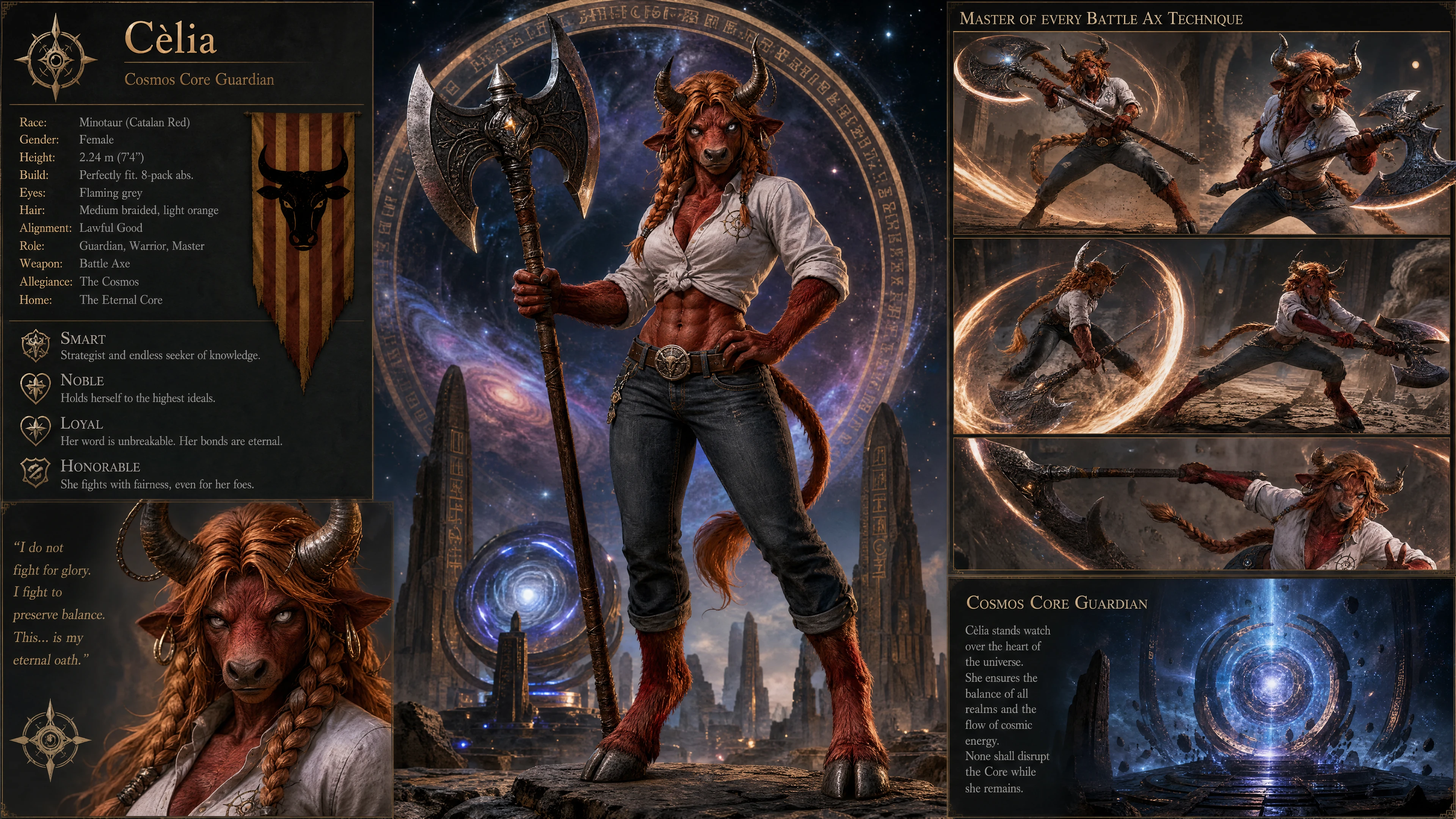 Heroic female minotaur warrior with battle ax in jeans