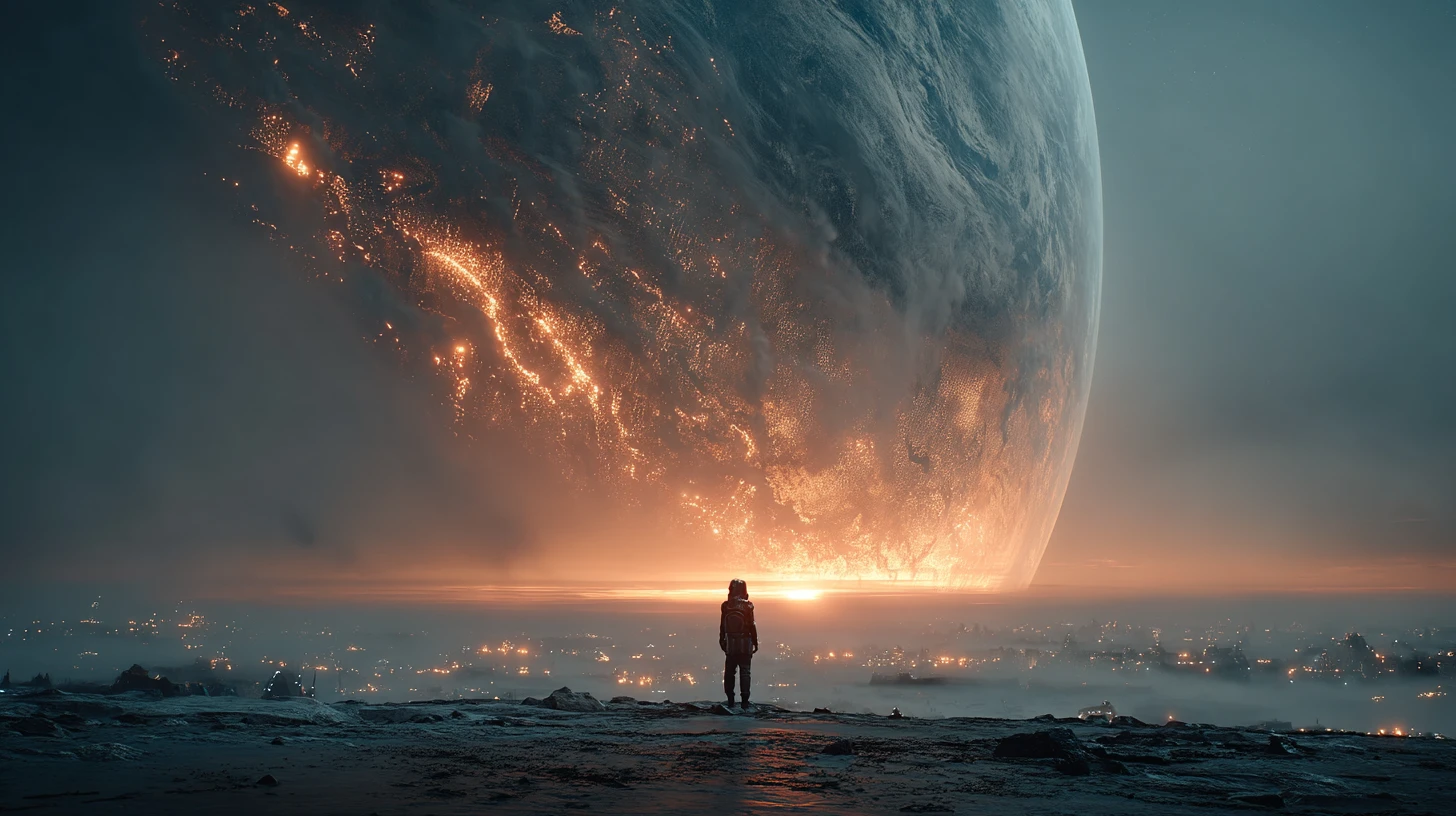 Humano solitário sob um colossal planeta alienígena no céu escuro