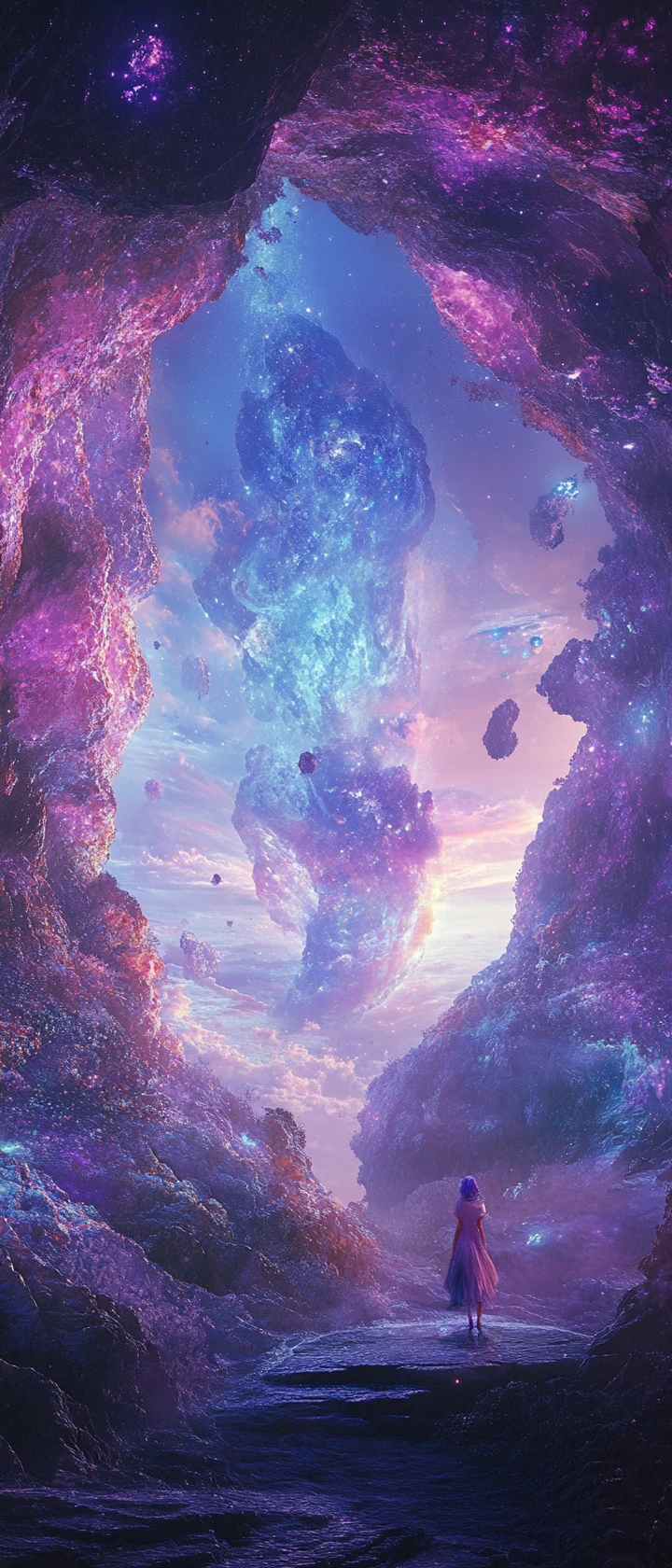 Paisaje onírico surrealista y colorido lleno de formas abstractas artísticas