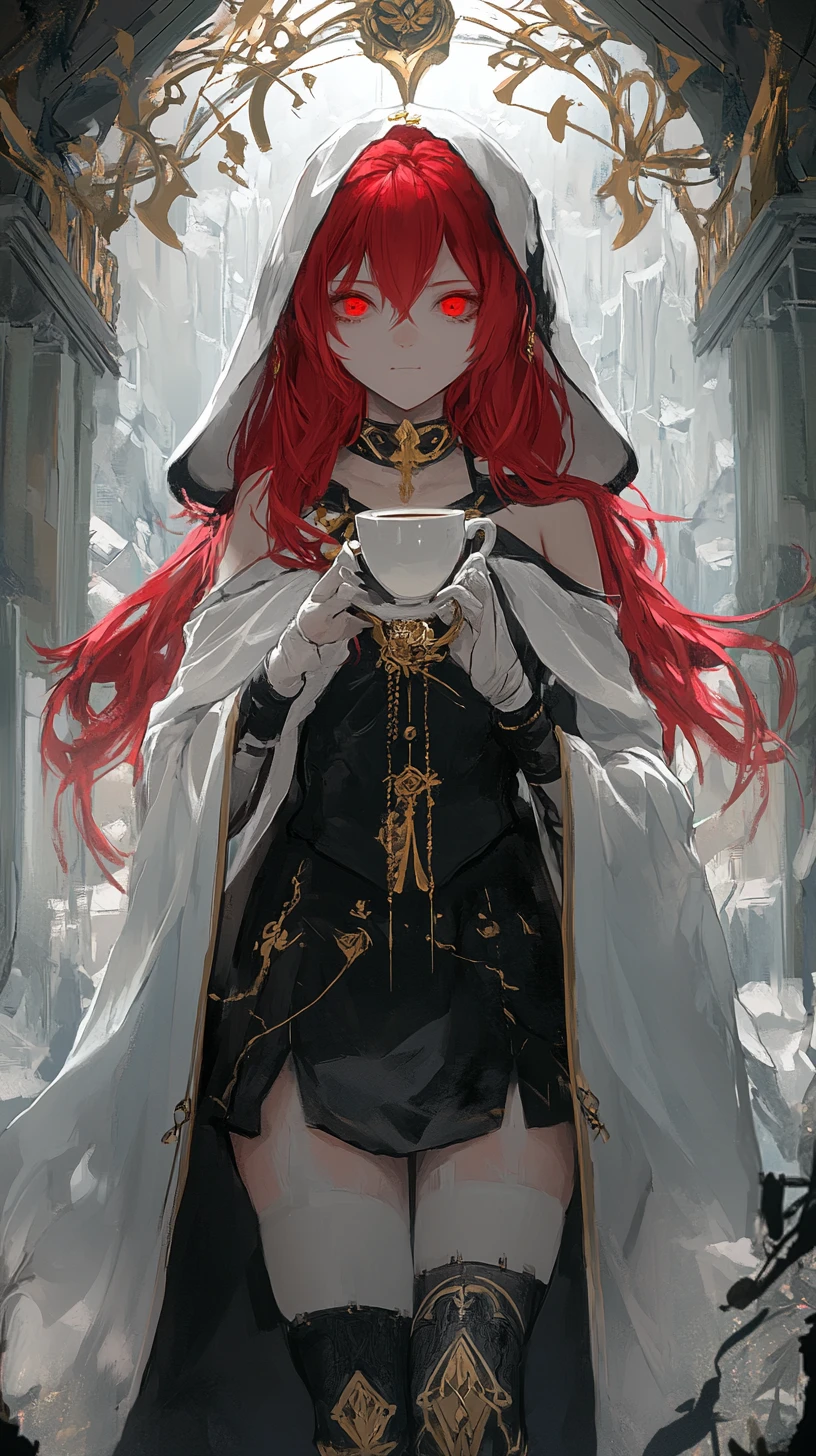 紅髮奇幻少女持劍立於綠蔓覆蓋的懸崖上