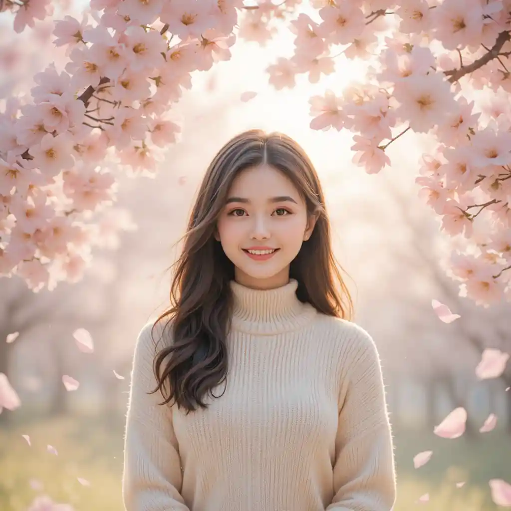 Koreanisches Mädchen unter Kirschblüten im sanften Morgenlicht