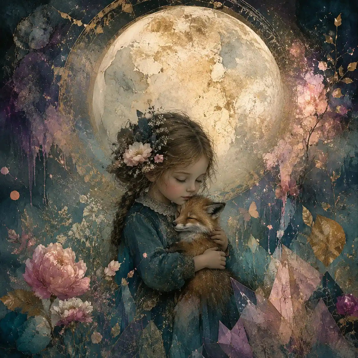 Tiny woodland dreamer holding a creature beneath a vast moon