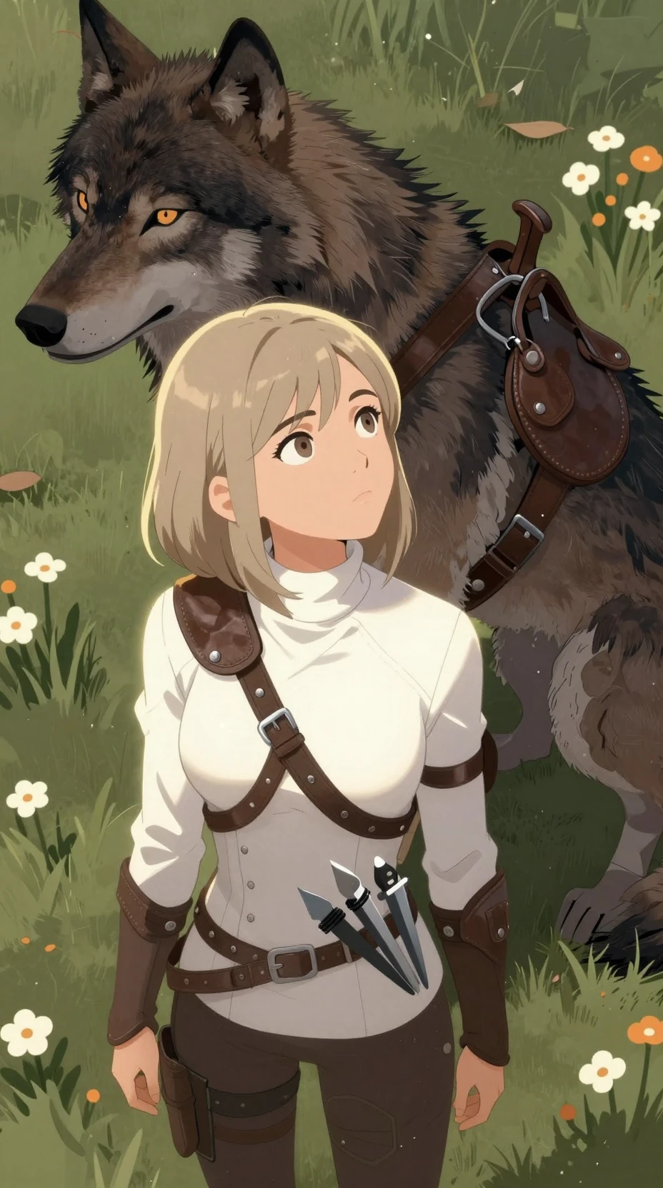 Biochimiste curieuse allongée dans l’herbe avec un loup géant pour compagnon