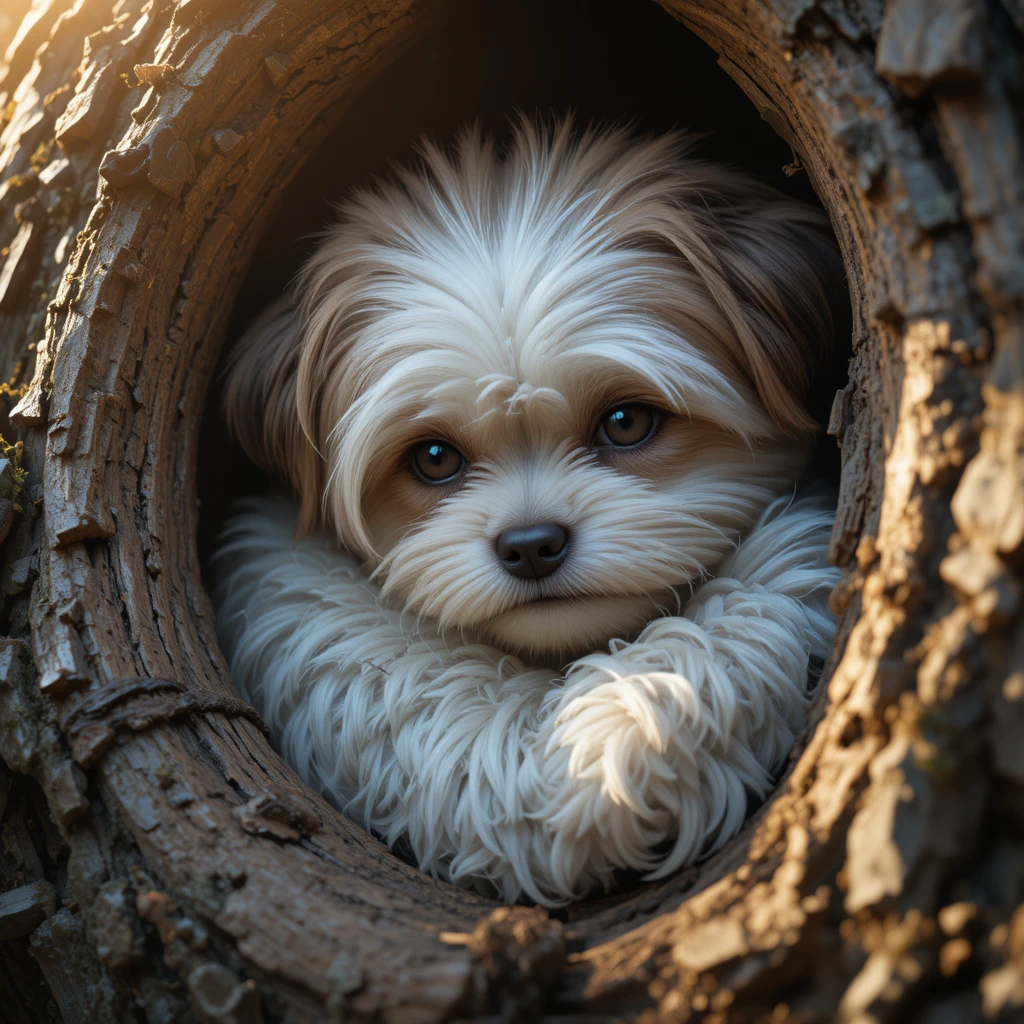 Pequeno cão shih tzu enroscado dentro de uma árvore oca