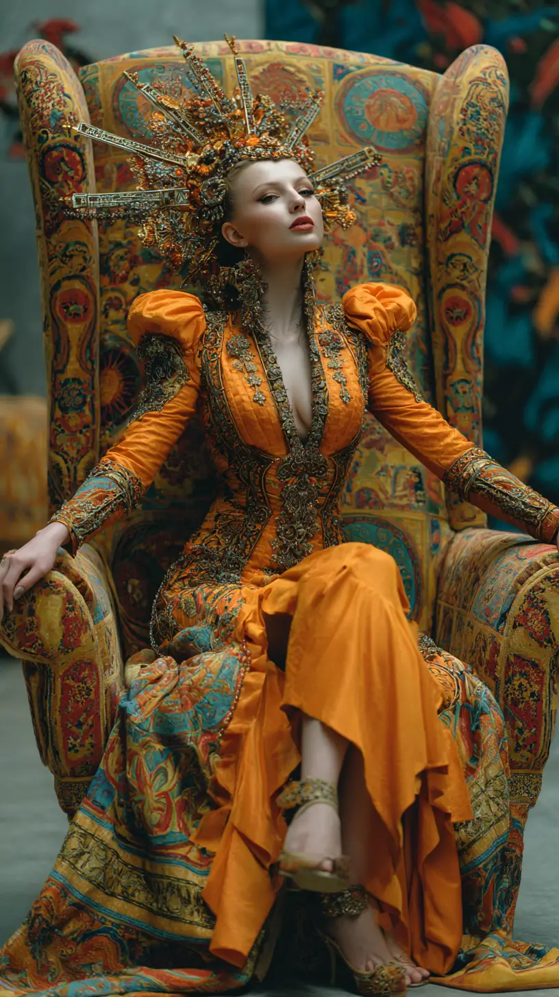 Dama elegante reclinada em uma poltrona oversized com alta-costura ornamentada