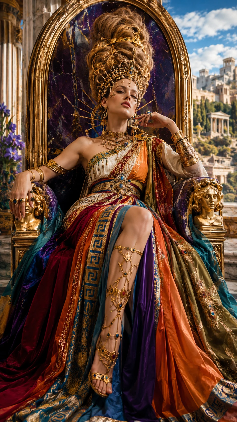 Mulher elegante em alta-costura inspirada na Antiguidade em grande assento