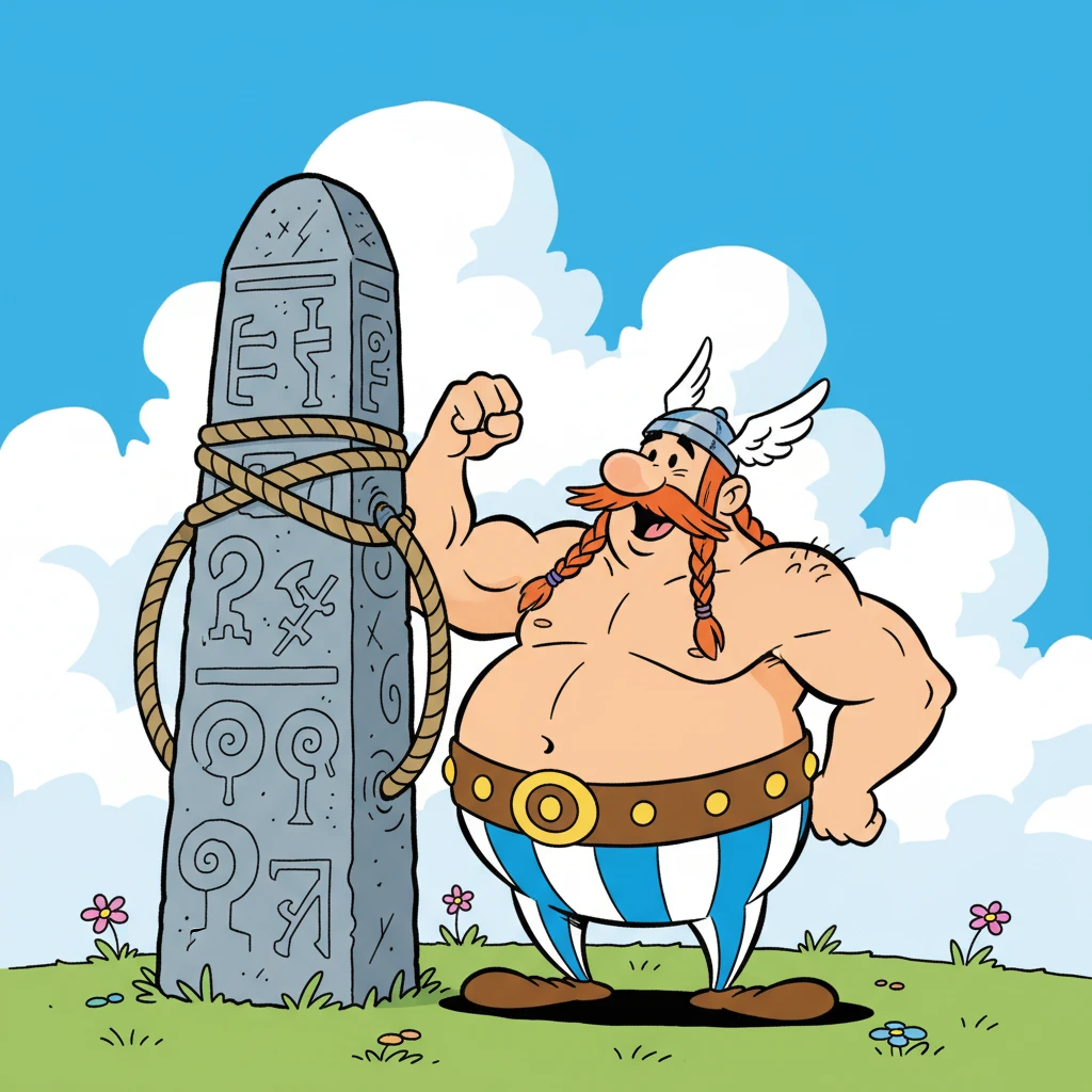 Cartoon Gaulish warrior lifting a stone under blue sky