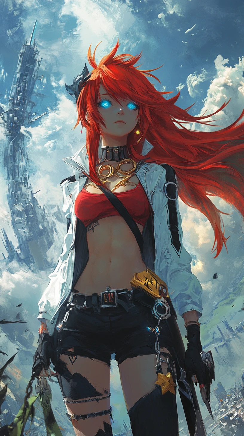 Fantasy-Mädchen mit blauer Haut und Schwert auf einer Klippe
