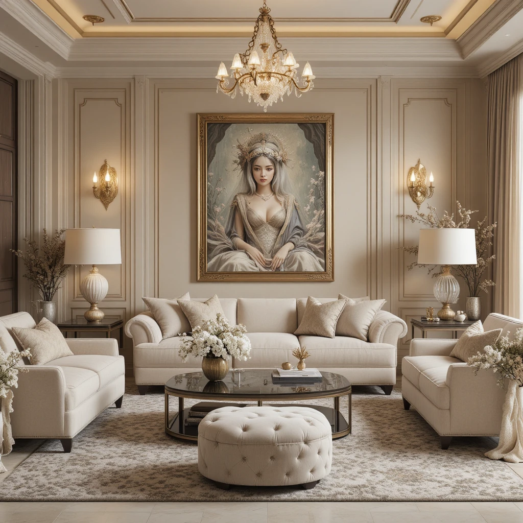 Elegant beige bohemian living room in quiet luxury style
