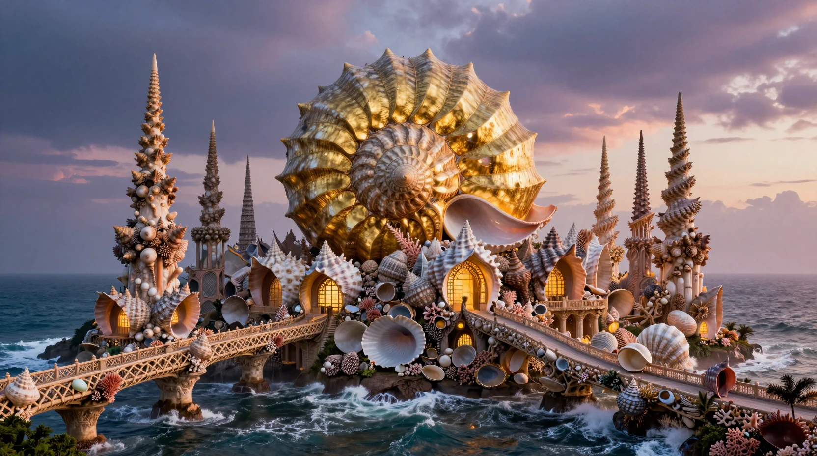 Catedral Colossal de Conchas Marinhas em uma Costa Crepuscular Mística