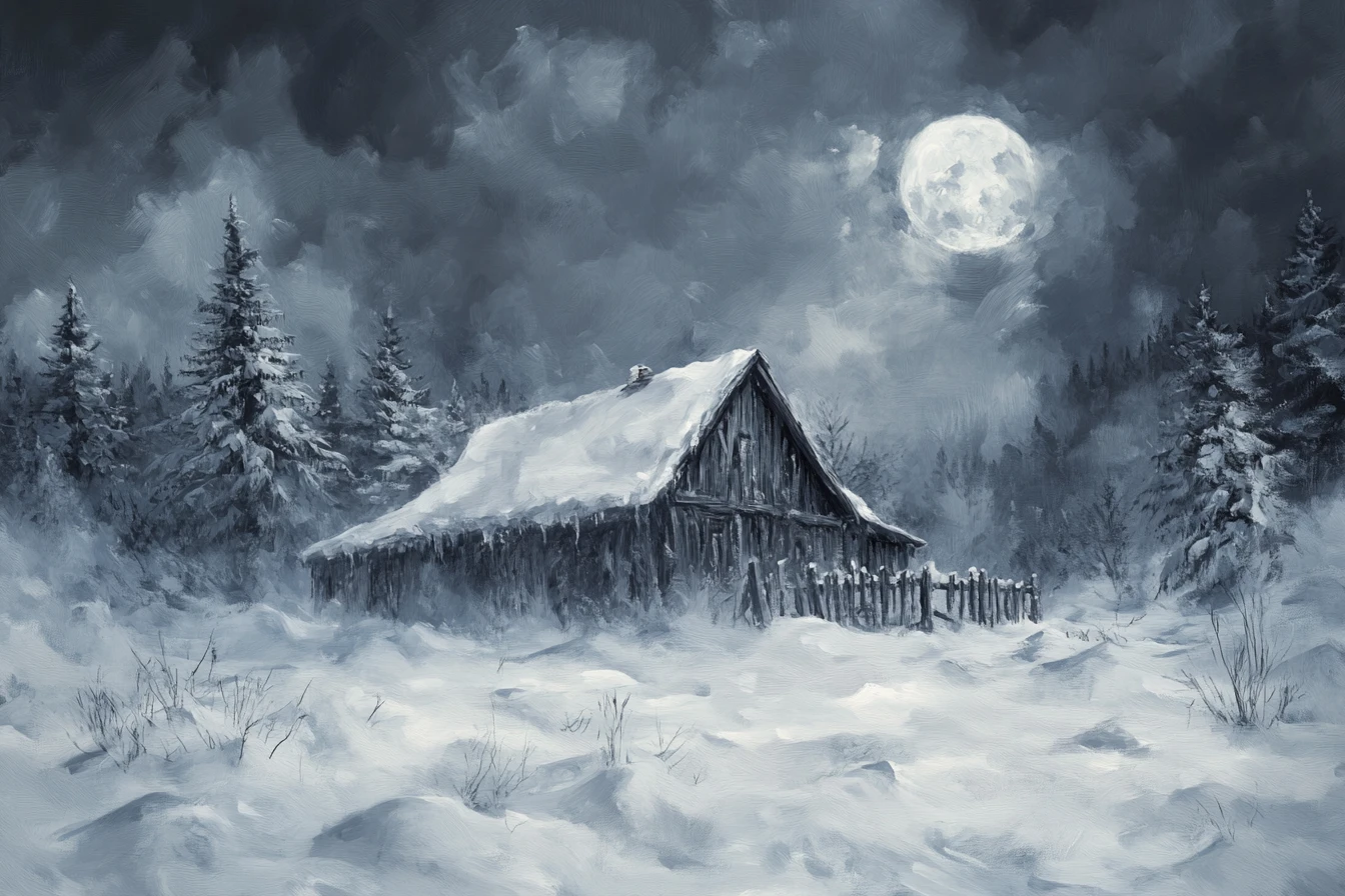 Casa de fazenda rústica enterrada na neve em uma noite de forte nevasca