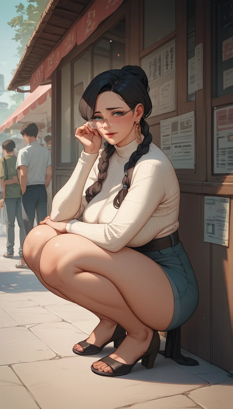 번화한 광장에 있는 안경 쓴 애니메이션 소녀