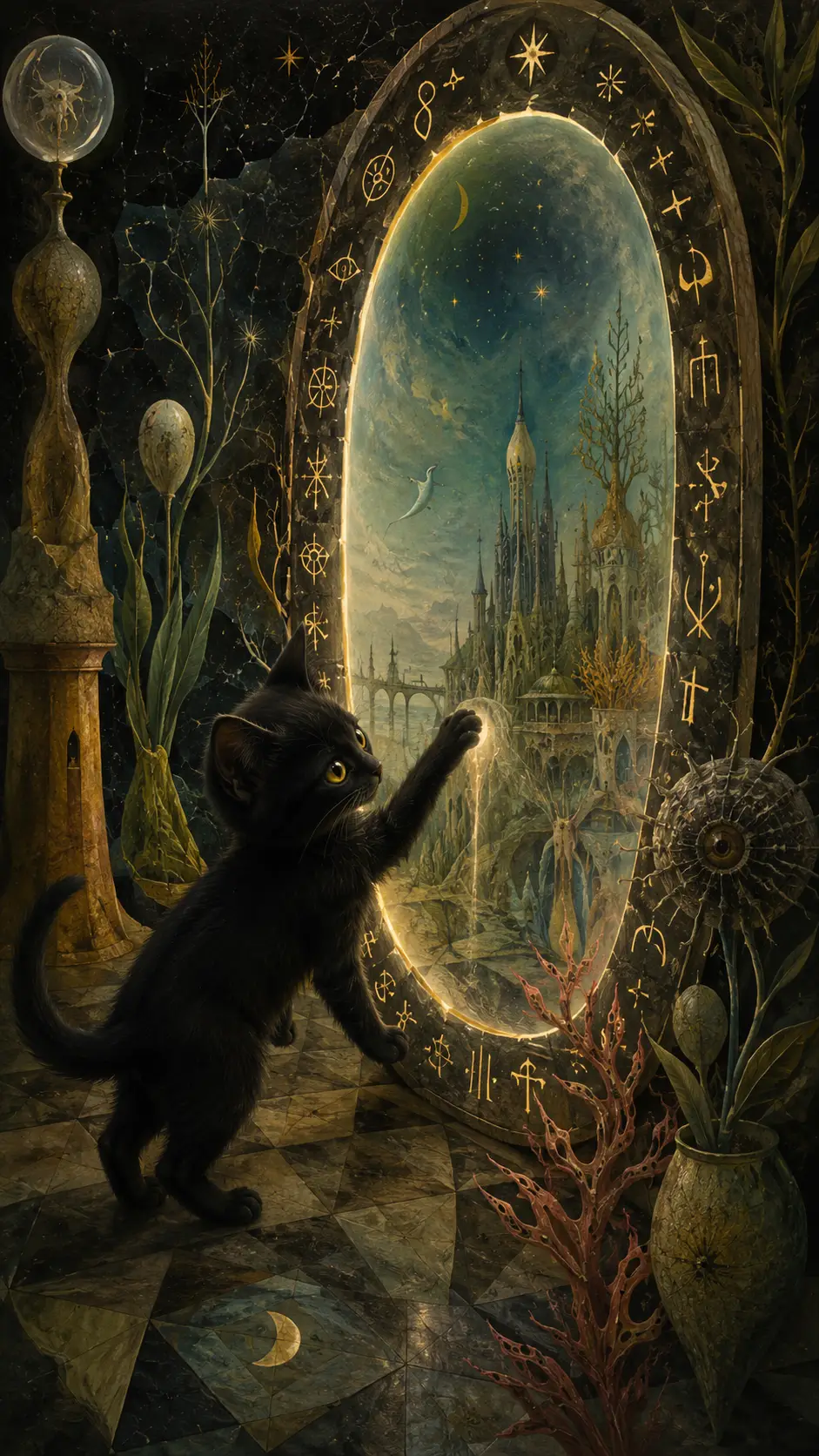 Curious black kitten playing with a glowing magic portal