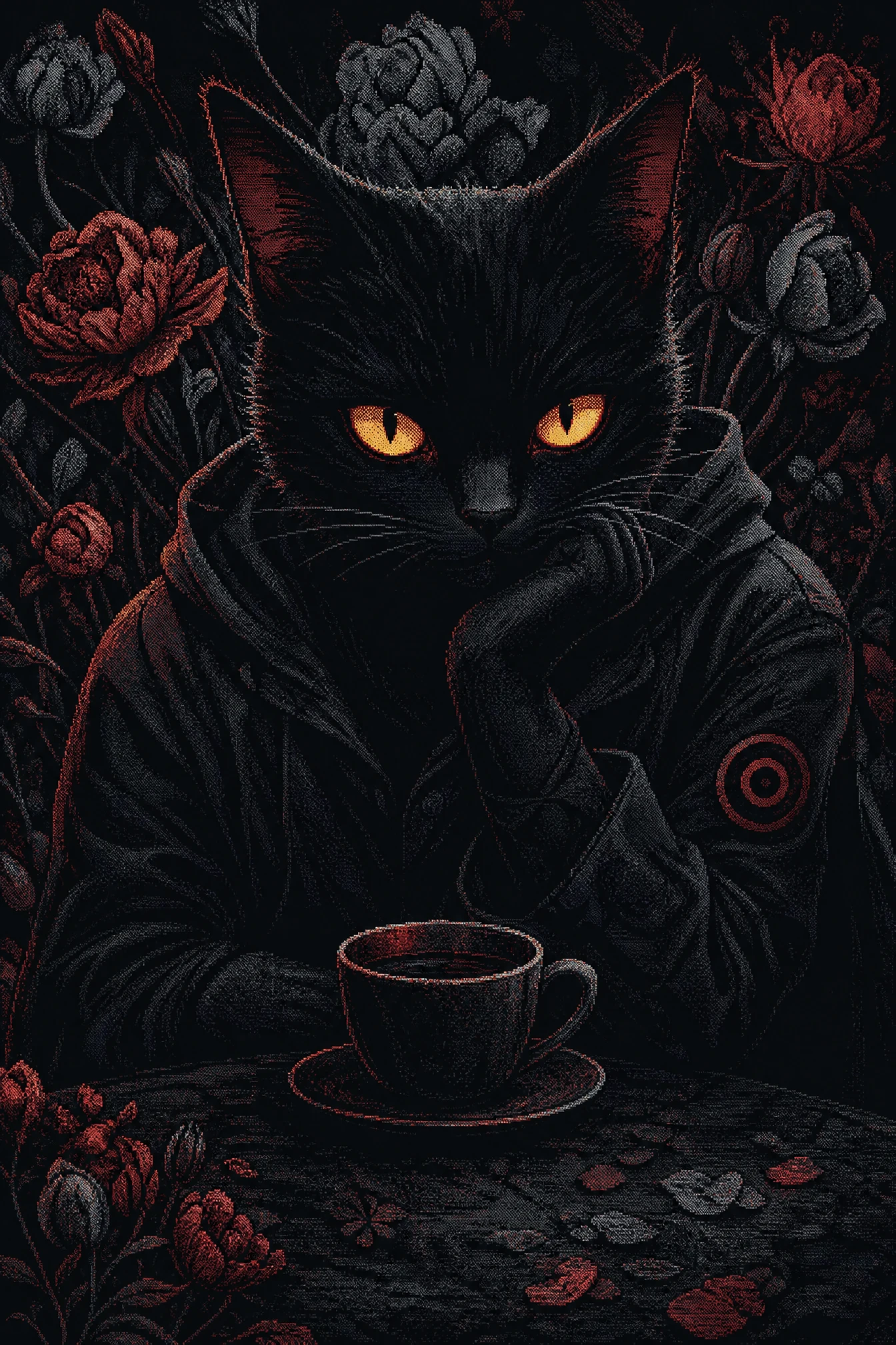 Gato preto antropomórfico à mesa em iluminação low key
