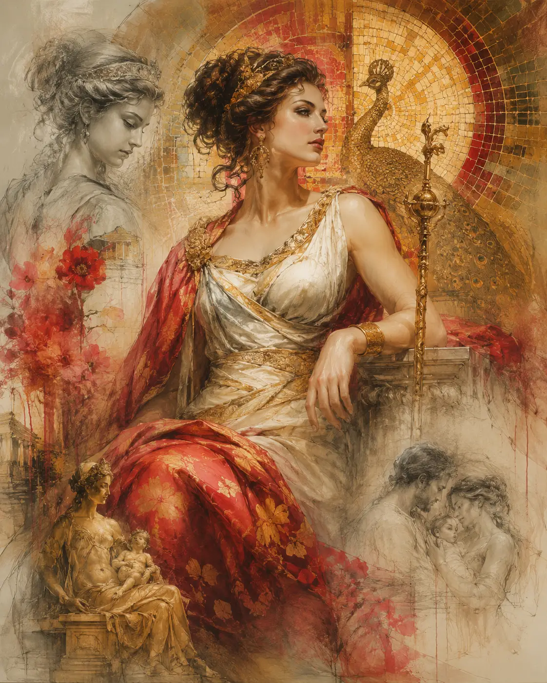 Fantasy portrait of Hera with golden red mosaic background