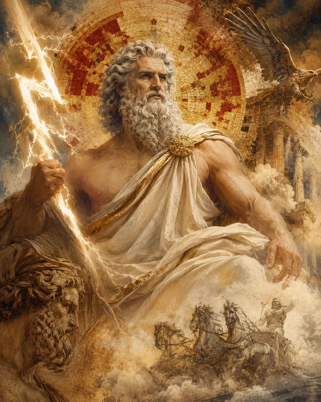 Dios mitológico Zeus con fondo de mosaico dorado y rojo
